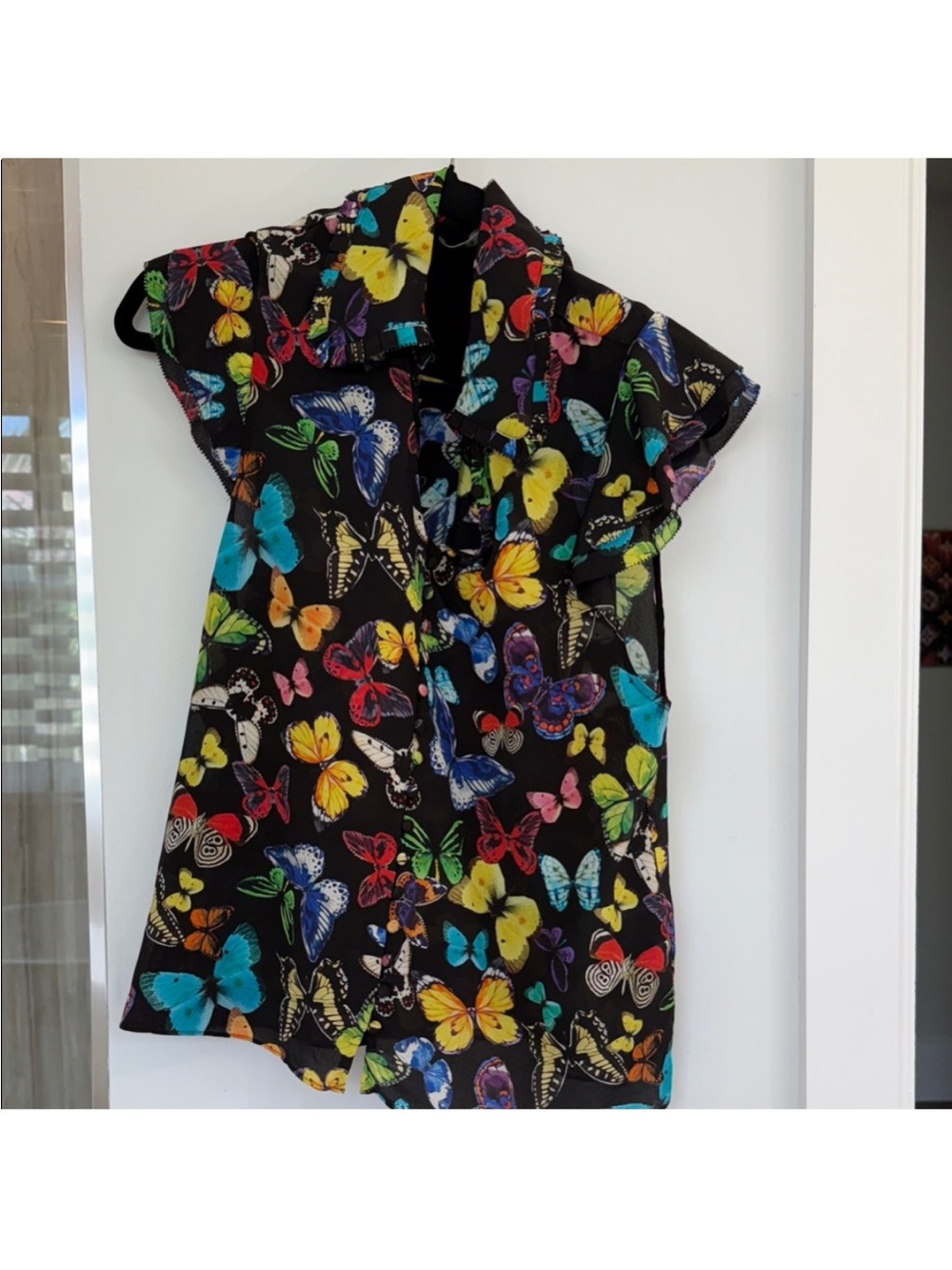 Butterfly Print Button-Front Top in Black with Multicolor Butterflies